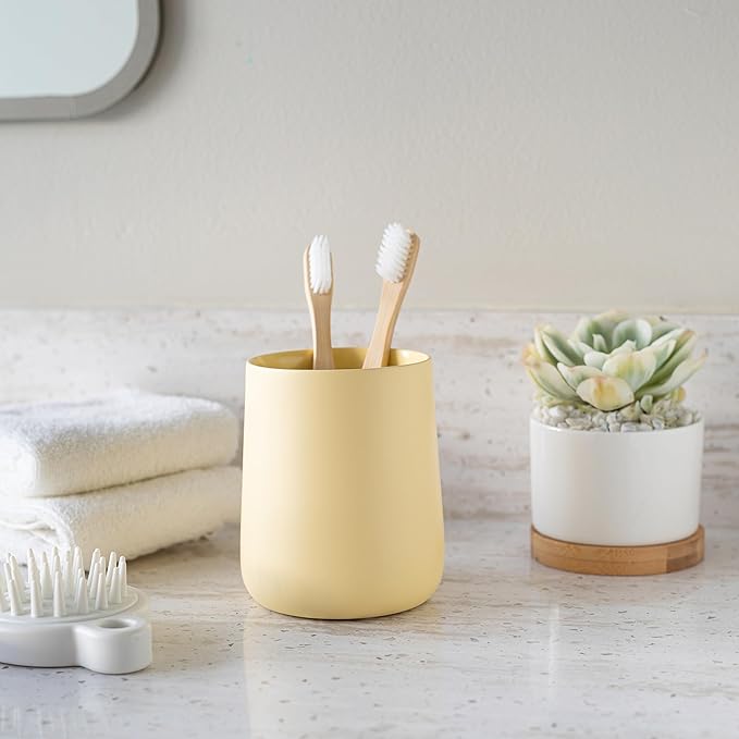Matte Yellow Cream Toothbrush and Toothpaste Holder and Cup for Bathroom Vanity and Countertop, Round Organizer for Electric Toothbrushes, Floss, Razors, Cotton, and Mouthwash