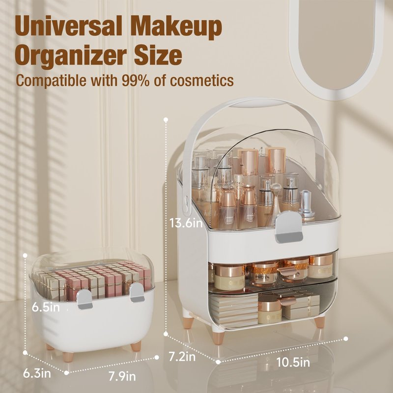CLBDRESS Makeup Organizer for Vanity with perfume Storage Box, Countertop Skincare Organizer with 2 Drawers, Cosmetic Display Case for Perfumes, Eyeshadow Palettes, Nail Polishes, Silver