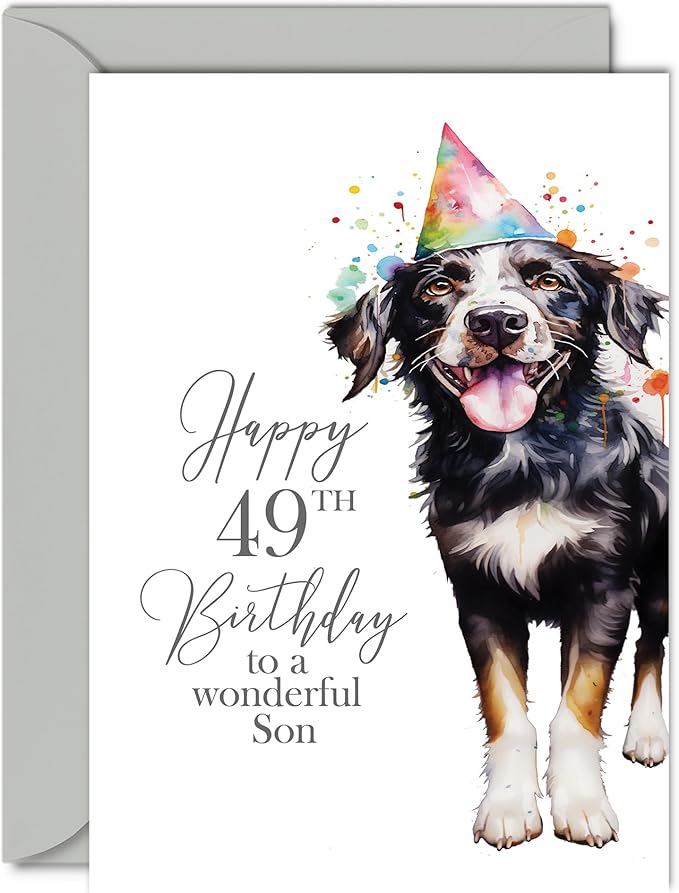 49th Birthday Cards for Son - Party Dog - Happy Birthday Card for 49 Year Old Son from Mum Dad, 5x7 Inch Bday Man Men Him Greeting Cards Gift for Son Birthday Gifts