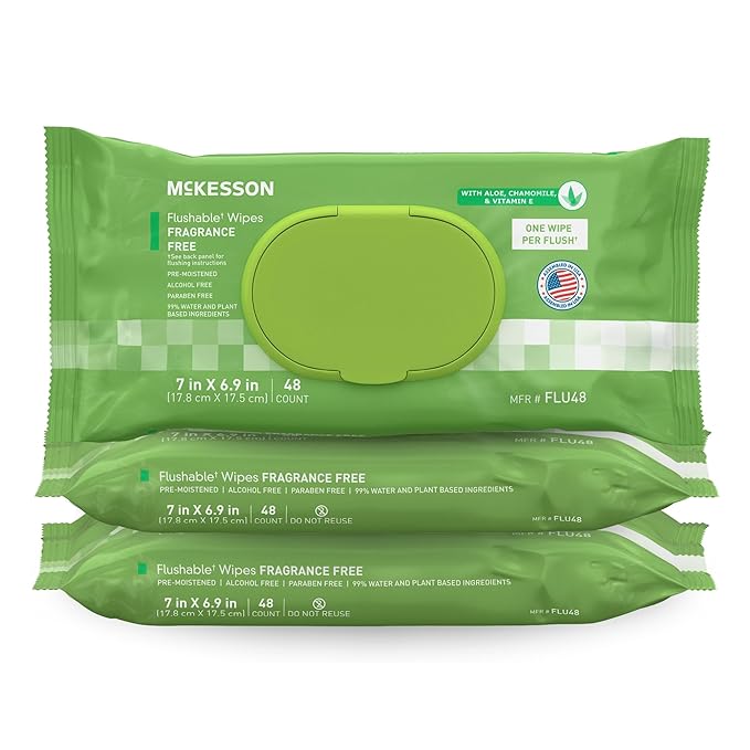 McKesson Adult Flushable Wet Wipes - 144 Count (3 Pack of 48) - Aloe & Vitamin E, Plant-Based Cleansing Wipes, Unscented