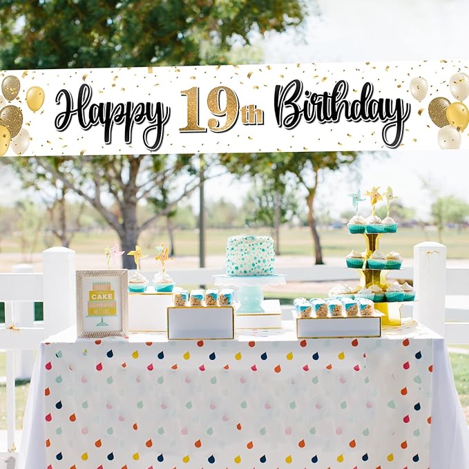 Happy 19th Birthday Decorations,19th Gold Balloon Large Birthday Hanging Banner Sign,Cheers to Nineteen Years Old Bday Party Supplies.