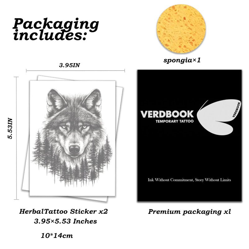 VERDBOOK Waterproof Temporary Tattoos: 2-Sheet Tattoo Kit with Realistic Body Stickers, Semi-Permanent Tattoos for Adults Lasting 7-15 Days – Safe for Men & Women, Jungle Wolf