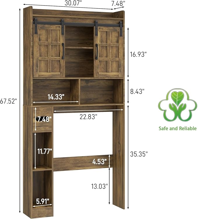 Over The Toilet Storage Cabinet, Farmhouse Storage Cabinet Over Toilet with Sliding Doors，Home Space-Saving Toilet Rack, for Bathroom, Restroom, Laundry. Brown