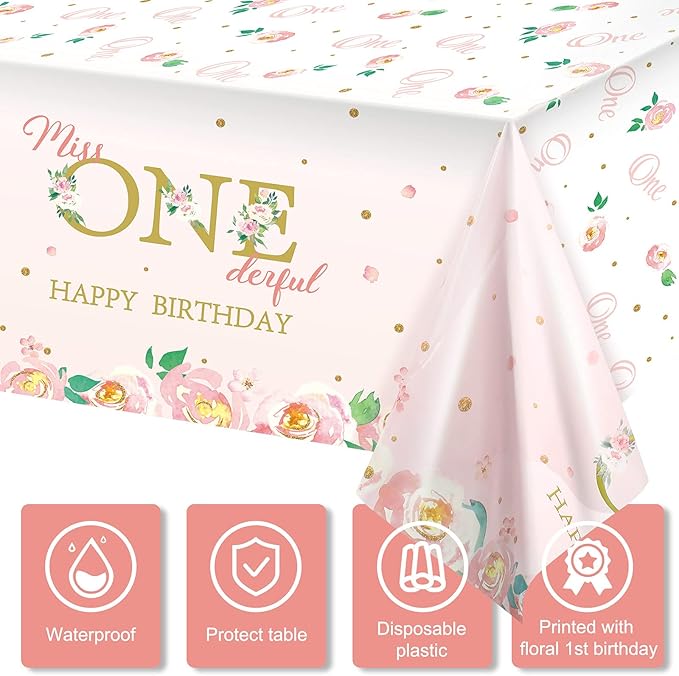 Tatuo 3 Pieces 1st Birthday Party Tablecloth Flower One First Birthday Table Cover Disposable Floral Miss Onederful Plastic Tablecloth for Kids Baby Shower Party Decoration Supplies, 54 x 108 Inch