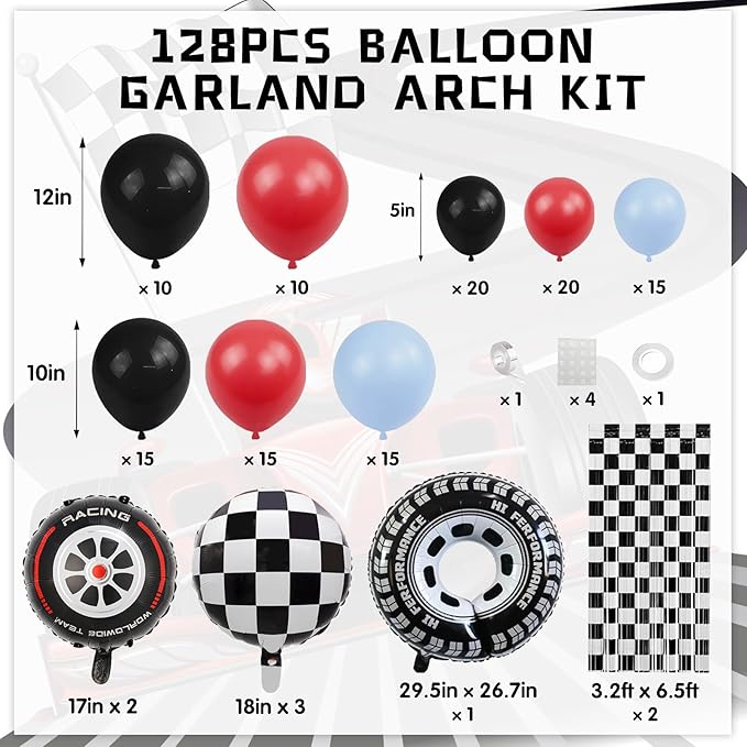 128pcs Race Car Balloon Garland Arch Kit, Red Blue Black Balloons Black White Checkered Tassel Background and Aluminum Foil Tire Balloon for Race Car Birthday Decorations Two Fast Birthday Decor
