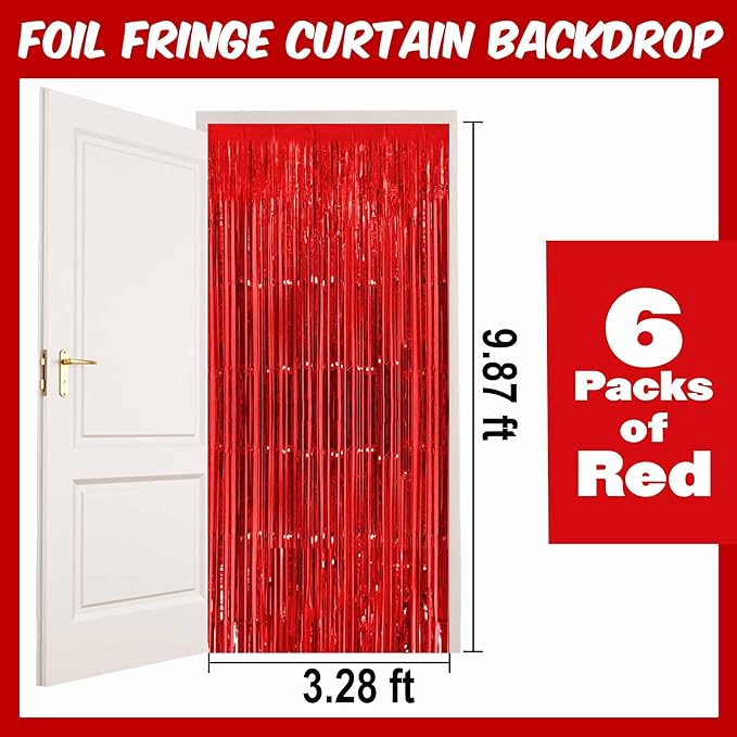 6 Pack Red Foil Fringe Curtains Backdrop, 3.28 x 9.8 Ft Metallic Streamers Tinsel Curtains Background for Photo Booth, Birthday, Halloween, Christmas, Thanksgiving, New Year Party Decorations