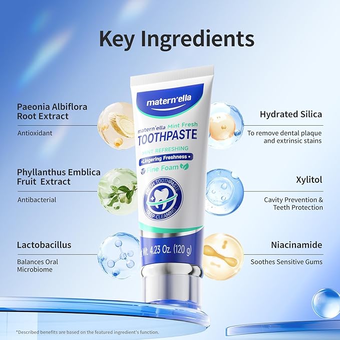 matern'ella Toothpaste for Sensitive Gums, Fluoride & SLS Free, Removing Stains Hydrated Silica, with Probiotics & Xylitol Mint Fresh 4.23 oz