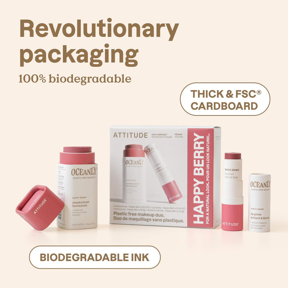 ATTITUDE Happy Berry Makeup Duo Box Set, EWG Verified, Titanium Dioxide-Free, Plastic-free, Plant and Mineral-Based, Vegan Beauty Products, Set of 2 Makeup Sticks