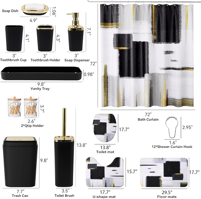 Bathroom Accessories Set - 25PC Bathroom Set with Shower Curtain and Rugs, Black Bathroom Set, Bathroom Accessory Set with Press-on Lid Trash Can, Soap Dispenser and Qtip Holders