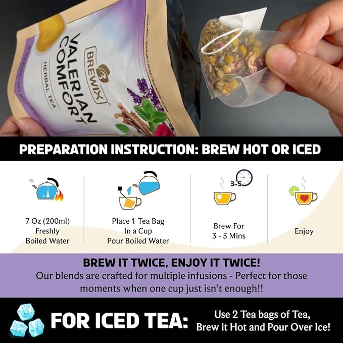 BREWIX, Valerian Comfort Tea for Sleep and Relaxation (25 Pyramid Bags) Caffeine-Free and Calming for Bedtime | Valerian Root, Chamomile & Lavender | Perfect Wellness Sleep