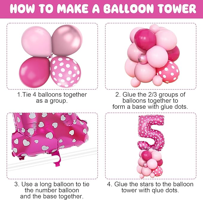 Pink 5th Birthday Balloons Decorations, Hot Pink Rose Polka Dots Balloon Arch Kit, Huge Bow Foil Balloons, pink Number 5 Balloon Tower for Baby Shower Girls Princess 5th Theme Party