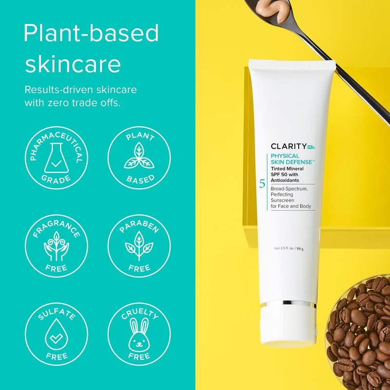 ClarityRx Physical Skin Defense Tinted Mineral SPF 50 Moisturizing Sunscreen, Natural Plant-Based Water-Resistant UV Protection with Zinc & Hyaluronic Acid for Face & Body (3.5 oz)
