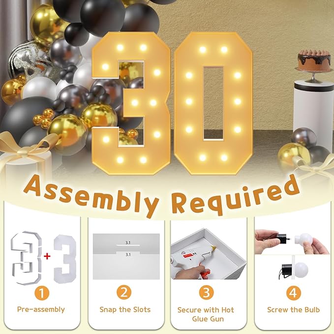 imprsv 4FT Light Up Numbers, Marquee Numbers 30th Birthday Decorations for Women, Men Foam Board Anniversary Party Decorations Arch Kit (DIY)
