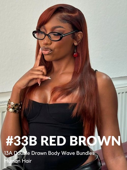 HERMOUS 13A Double Drawn Reddish Brown Bundles 22 Inch Copper Red Human Hair Single Straight Full and Thick Brazilian 100% Real Raw Human Hair Quick Weave Auburn Brown Colored #33B Bundles