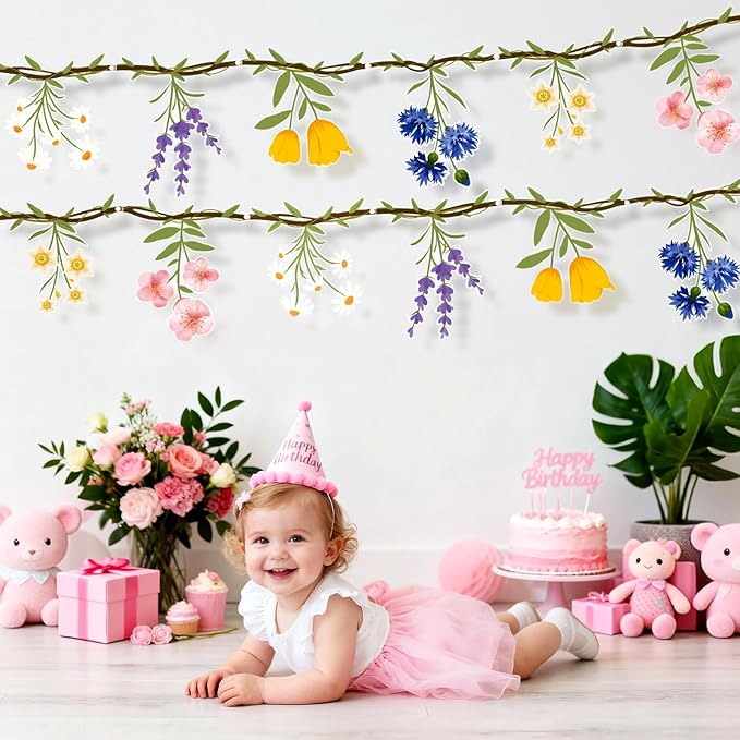JIAYIQI 2PCS Wildflower Party Decorations - 7.9FT Pre-Strung Floral Garlands for Baby Shower Bloom Birthday Tea Party Wedding - Reusable & DIY Hanging Flower Garland for Garden Theme & Spring