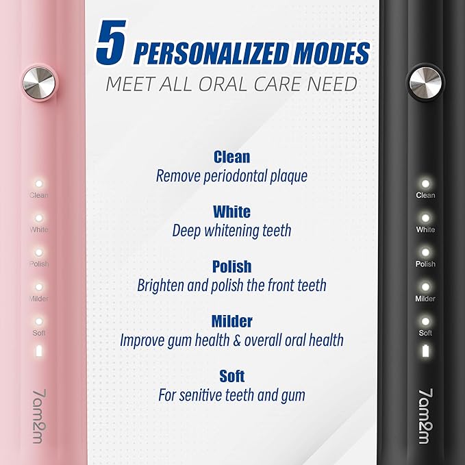 7AM2M Rechargeable Sonic Electric Toothbrush 2 Pack, Soft Toothbrushes for Adults and Kids with 12 Brush Heads, IPX7 One Charge Use for 60 Days, 5 Modes with 2 Minutes Build in Smart Timer