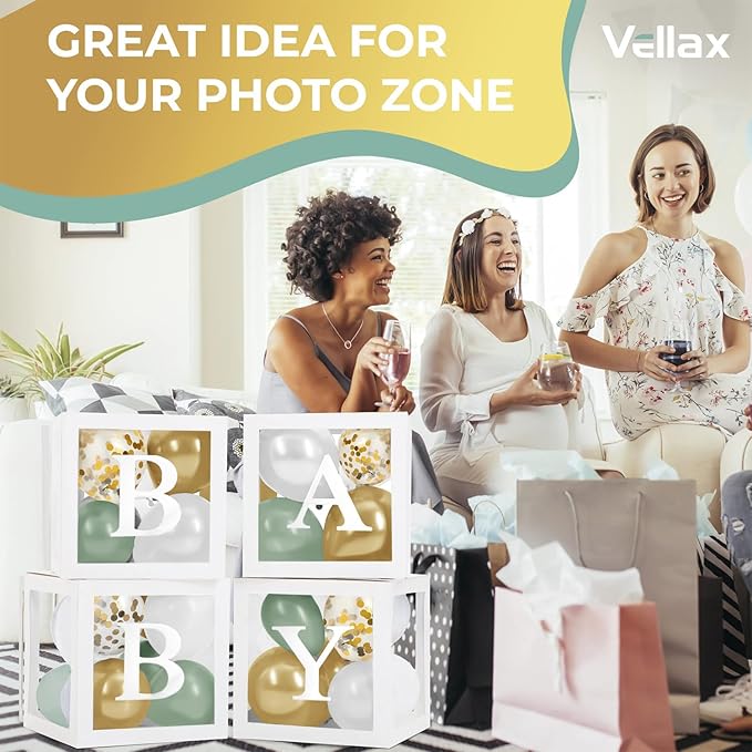 Baby Shower Boxes with Letters – White Boxes with Sage-Green, Gold, Gold Confetti, and White Balloons – 44-Piece Gender Reveal & Party Decoration Set by Vellax