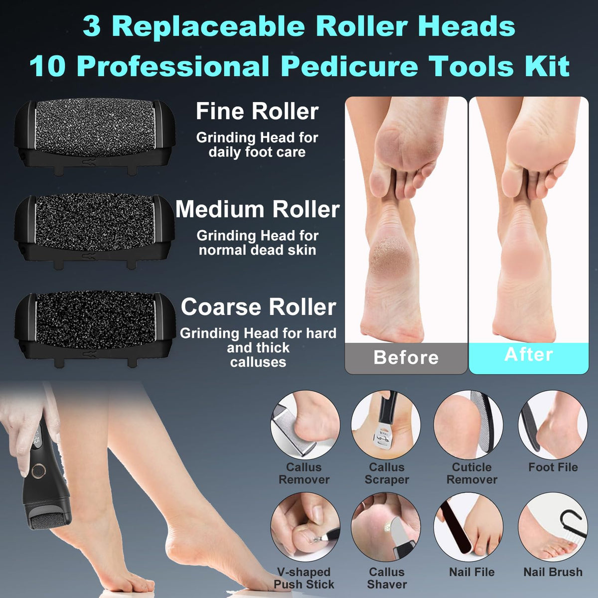 Callus Remover for Feet, 3 Speed Electric Foot Scrubber with Larger Grinder&LCD Display, Wet&Dry Using Foot File Professional Pedicure Tools, Foot SPA to Remove Callus Cracked&Hard Dead Skin (White)