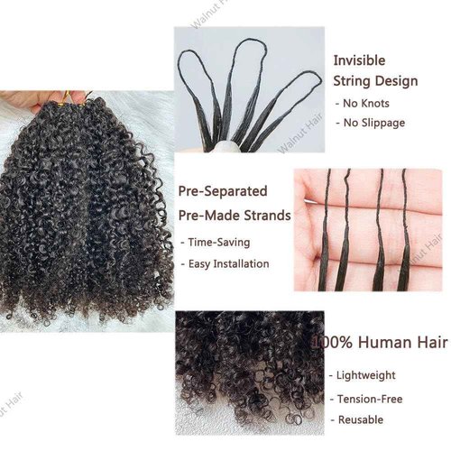 Knotless Pre Separated Crochet Human Hair Extensions Afro Kinky Curly Mongolian Virgin Braiding Hair Invisible Pre Looped Feather Braids Bundles For Black Women Walnut Hair 16inch 60g