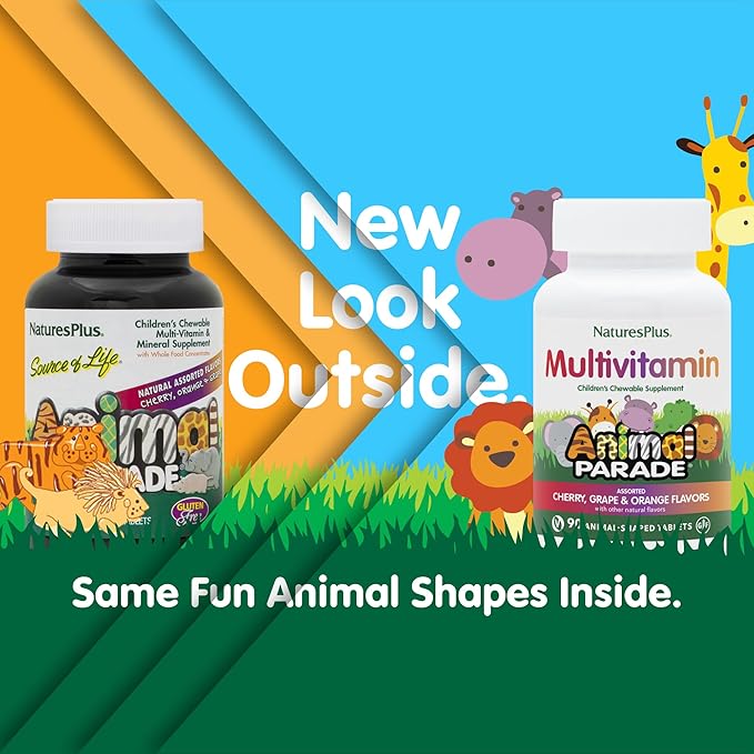 Natures Plus Animal Parade Children's Chewable Multivitamin - 90 Animal-Shaped Tablets - Natural Assorted Flavors - Vegetarian, Gluten Free - 45 Servings