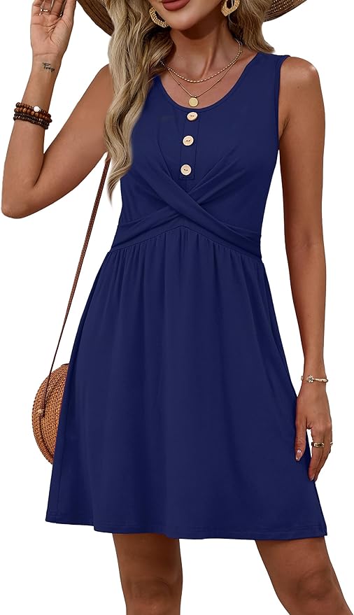 OFEEFAN Summer Dresses for Women Beach Fashion Sundresses Babydoll Dress Button Down Boho Dresses Cute Cross