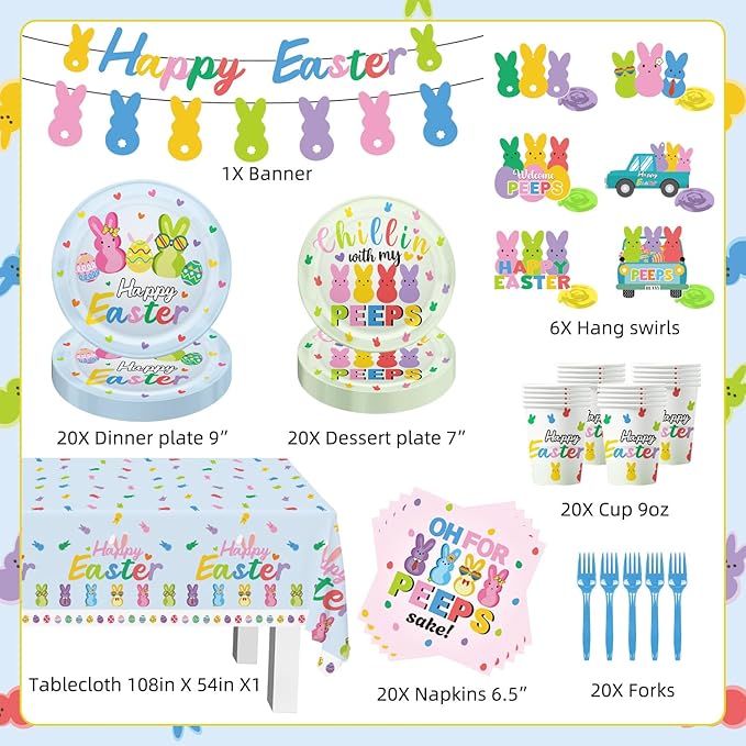124pcs Easter Party Decorations Set Include Happy Easter Banner Chillin with My Peeps Paper Plates and Napkins,Paper Cups,Plastic Tablecloth and Forks,Hanging Swirls, for 20 Guests