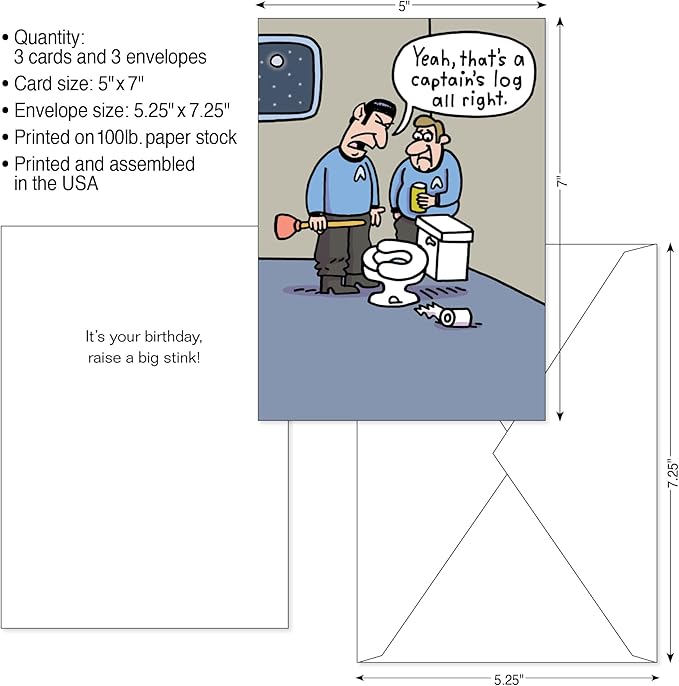Men's Funny Adult Birthday Greeting Card (5" x 7") by Smart Alex 3 Pack + 3 Envelopes (Star Trek Captain's Log)