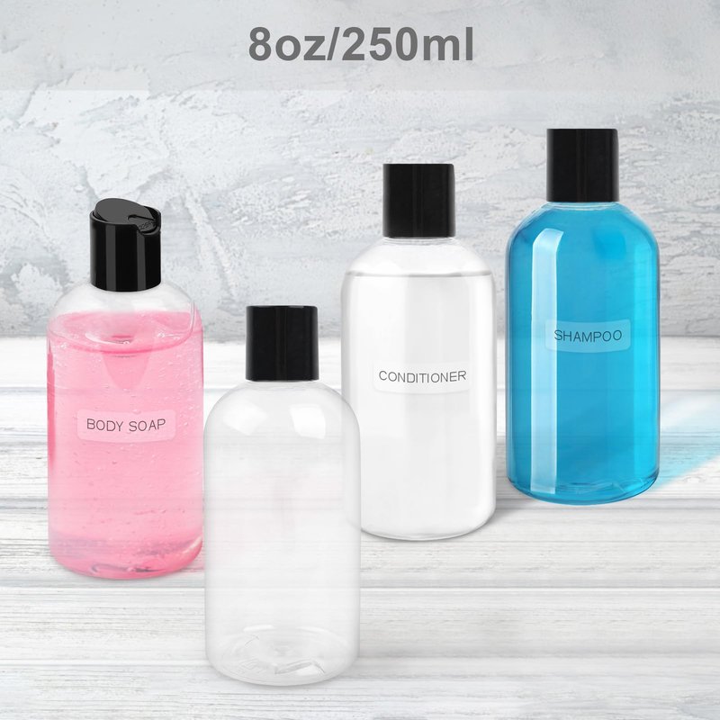 Neendohome 20 Pack 8 oz Empty Plastic Bottles with Black Disc Caps Reusable Clear Leak-Proof Travel Squeeze Containers for Shampoo Conditioner Toiletries Liquid Soap