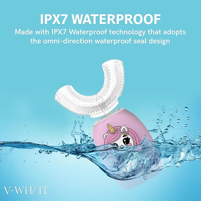 V-WHITE Electric Toothbrush Kids- Ultrasonic U-Shaped Toothbrushes for Teeth Whitening - 360° Mouth Cleansing, Hands Free Gums Protection - Wireless Charging & LED Light - Waterproof IPX7 Certified