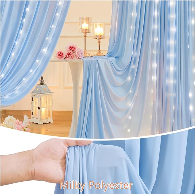 20 x 10ft Baby Blue Backdrop Curtains with Lights String for Baby Shower Photo Backdrop Drapes Wrinkle Free Polyester Long Curtains for Parties Wedding Reception Bridal Shower Ceremony-5 x 10ft 4Panel