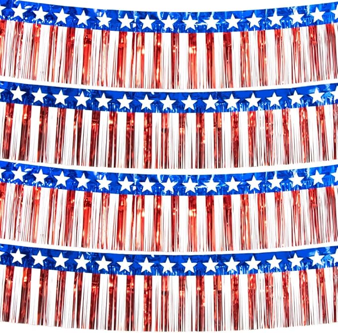 4 Packs 10 Feet Long Foil Fringe 4th of July Star Garland Memorial Day USA Red White Blue Independence Day Tinsel Metallic Streamers Patriotic Banner Car Parade Floats Garden Trailer Decor