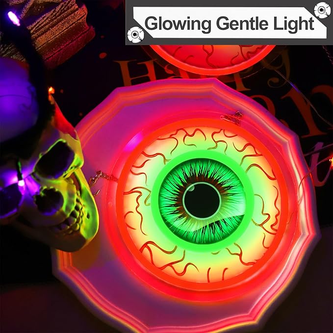 Halloween Window Decorations Indoor Lights, Eyeball Shaped Neon Signs, Red and Green Led Lights Battery Operated Or USB Powered,Cute Gothic Decor for Home, Room, Wall, Office, Mental(1Pack)