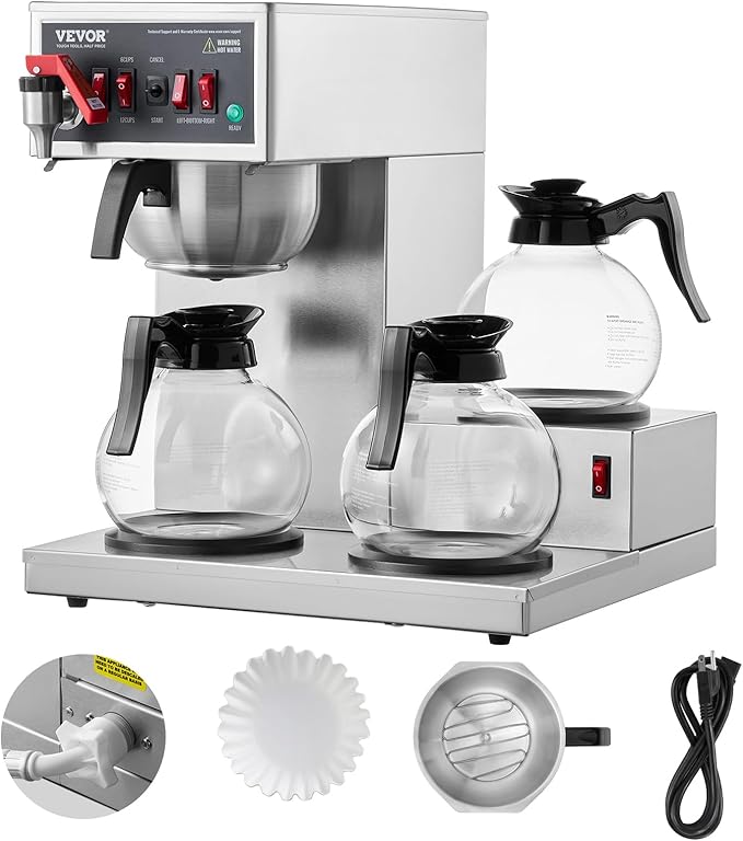 VEVOR 12 Cups Commercial Drip Coffee Maker, Coffee Maker Machine with 3 Glass Carafes and 3 Warmer Plates, Stainless Steel Pour Over Coffee Brewer with Auto Water Intake, for Restaurant Office Cafe