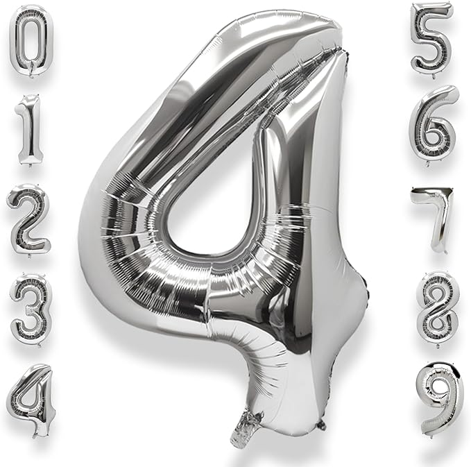 AULE 40 Inch Big Silver 4 Balloon Number Large Foil Helium Number Balloons 0-9 Jumbo Giant Happy 4th Birthday Party Decorations for Boy or Girl Huge Mylar Anniversary Party Supplies