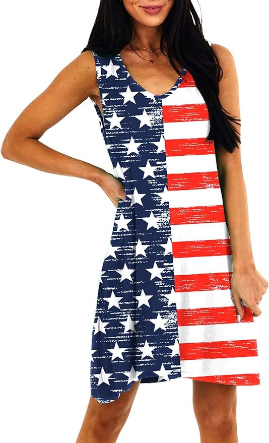 Deerose Women 4th of July Sleeeveless Dress Patriotic V Neck Tank Dresses with Pockets