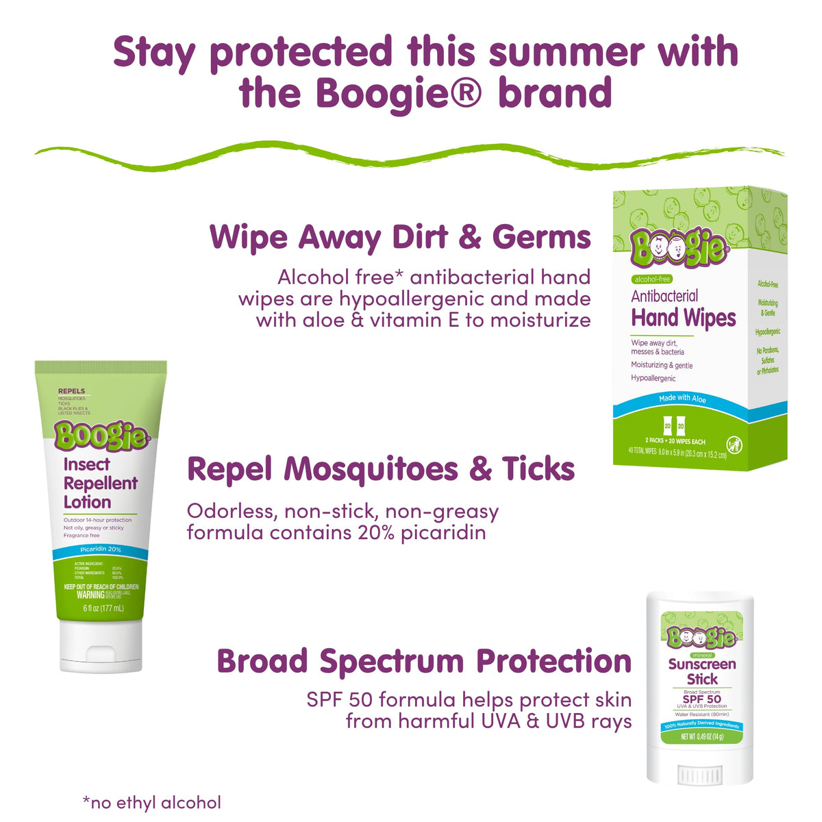 Boogie Antibacterial Hand Wipes - 90 Count - Hypoallergenic & Alcohol-Free - Individually Wrapped - Travel and Diaper Bag Essential