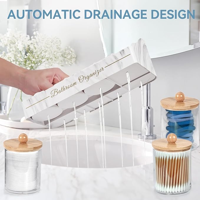 Toothbrush Holders, Toothbrush Holders for Bathroom with 6 Large Capacity Storage Slots & 3 Qtip Holders - Sturdy for Bathroom Counter Organizers and Storage Countertop - Marble White