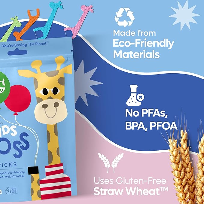 SmartLifeco Eco-Friendly Kids Flossers (200ct) - Dental Floss Picks for Children Made with Straw Wheat, Fluoride & PFA Free, Toothpick Flossing Sticks for Toddler Teeth, No Shred Thread, Unflavored