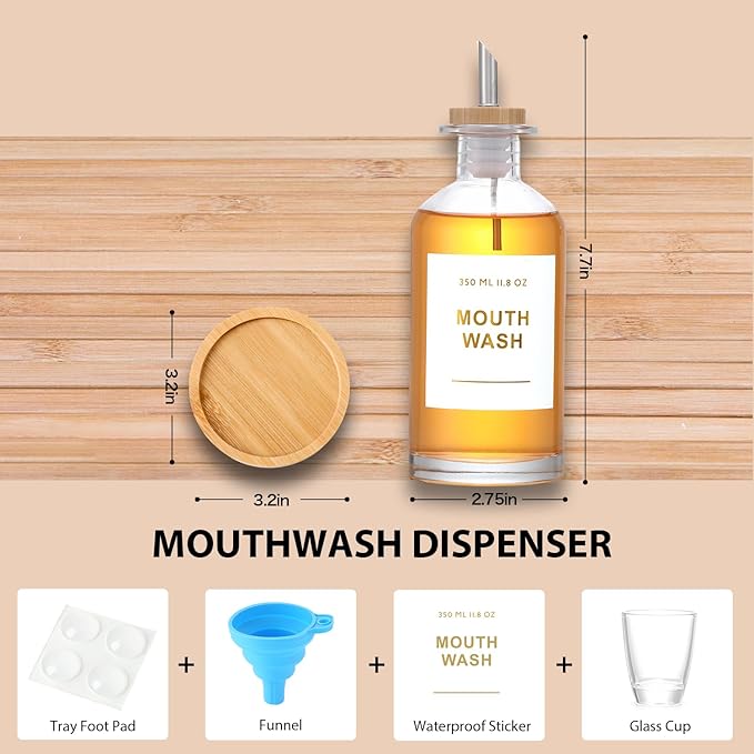 11.8OZ Glass Mouthwash Dispenser for Bathroom with Stainless Steel & Bamboo Nozzle, Mouthwash Cup Reusable, Bamboo Tray, and Elegant Gold Sticker.（Clear
