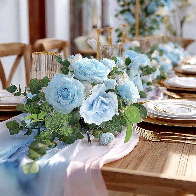 ZIFTY 5Pcs 32.5FT Blue Flower Garland Fake Flower Vines Faux Artificial Floral Garland Hanging Rose Ivy for Wedding Decortions Arch Garden Ceremony Background Outdoor Wall Decor