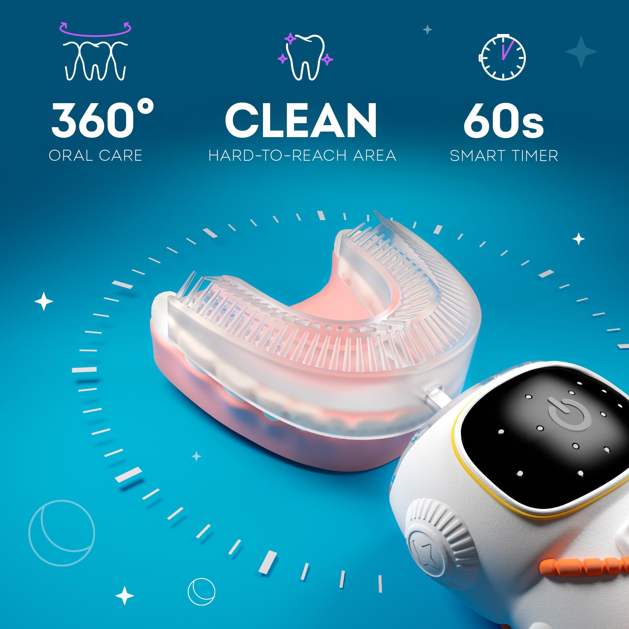 Sensory 360 Round U-Shaped Astronaut Design Mouthguard Electric Toothbrush for Kids Ages 2-7 - Automatic Memory Function - 5 Modes Toothbrush with Multiple Heads – Kids Travel Essentials (White)