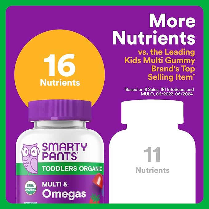 SmartyPants Organic Toddler Multivitamin Gummies: Omega 3 (ALA), Vitamin D3, C, Vitamin B12, B6, A, K & Zinc for Immune Support, Biotin, Vegetarian, Two Fruit Flavors, 60 Count (30 Day Supply)