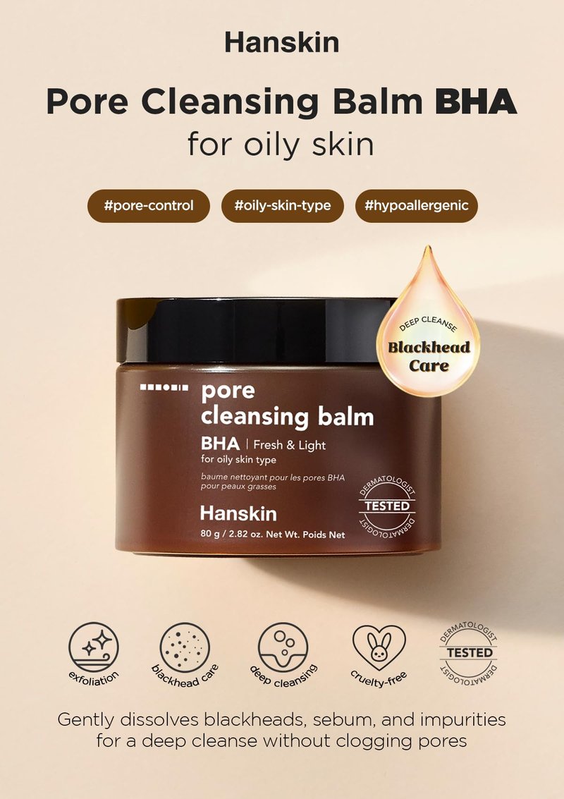 Hanskin BHA Pore Cleansing Balm – Korean Melting Balm Cleanser, Gentle Makeup Remover for Oily & Combination Skin | Solid-to-Oil Cleanser with BHA & Nourishing Oils | K-Beauty | 2.82 oz