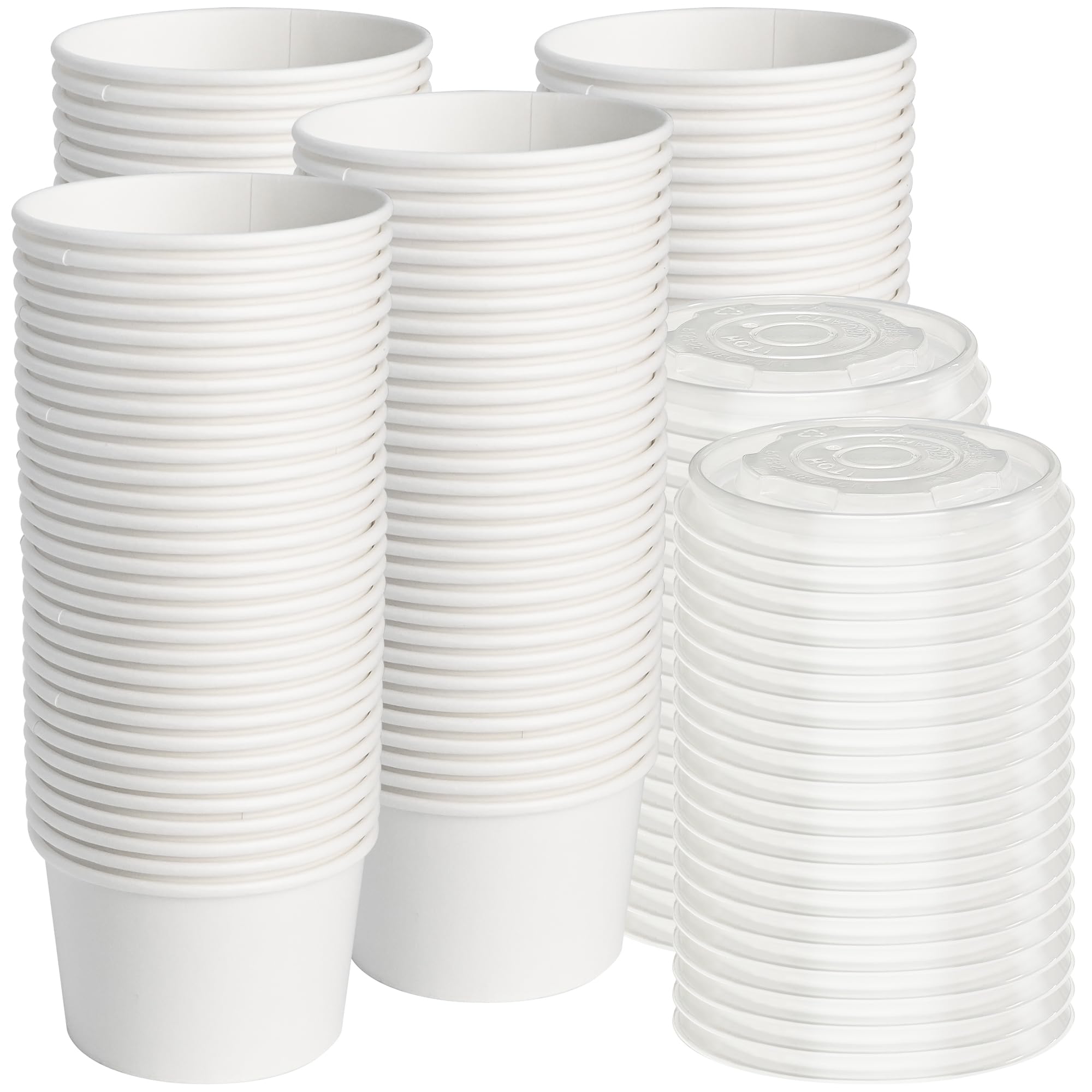 ESSENTIAL Paper Ice Cream Cups with Lids, 120pcs 8oz Disposable Dessert Bowls with Lids for Hot or Cold Food, Paper Snack Containers for Sundae, Frozen Yogurt, Soup (White)