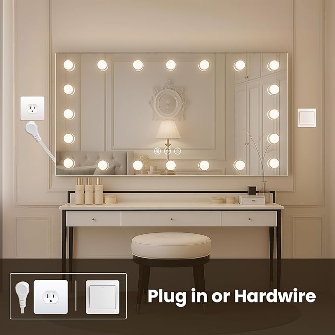 WTTY LED Bathroom Mirror with Lights 60"x30" Hollywood Wall-Mounted Mirror with 3 Color Temperatures, Stepless Dimmable Bulbs, Anti-Fog & Shatter-Proof