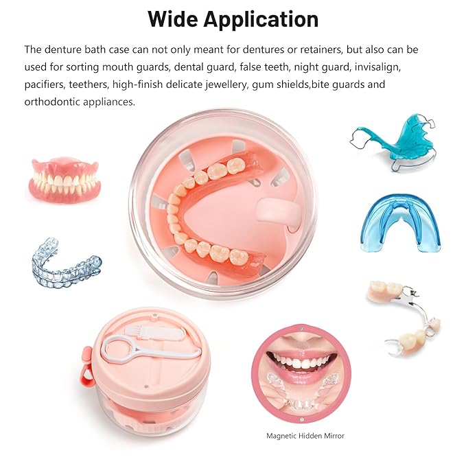 Denture Case, Leak Proof Denture Bath Cup for Travel, Pink Denture Container Cups for Soaking Full & Partial Dentures, Retainers, Mouth Guard with Denture Cleaner Brush, Aligner Removal Tool