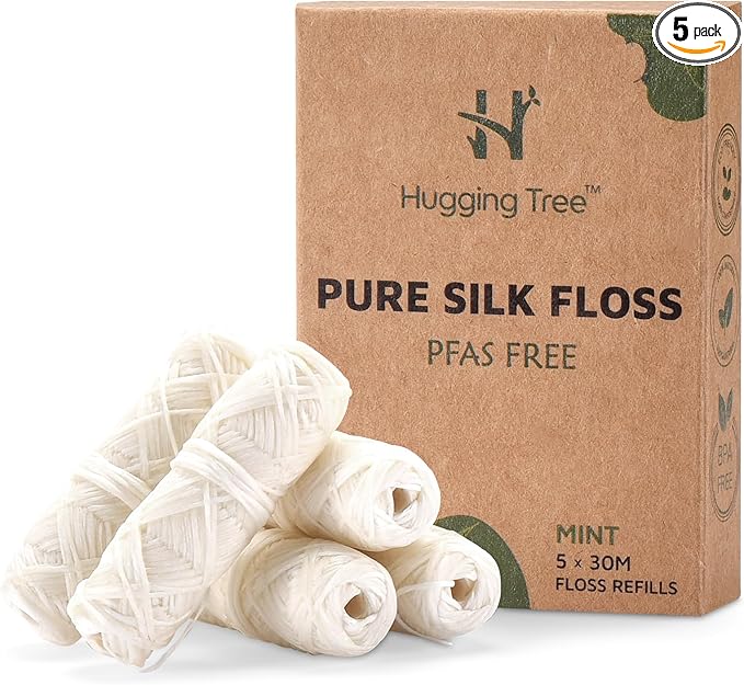 Natural Silk Dental Floss Refills | PFAS Free Dental Floss | Zero Waste Biodegradable | Mint (5 Pack, 33 Yards Each)