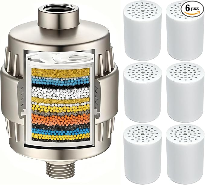 Yodel Shower Filter with 6 Cartridge Brushed Nickel - Hard Water Softener, 99% Removes Chlorine & Impurities, Improves Skin & Hair Condition, Universal Fit for Shower Heads