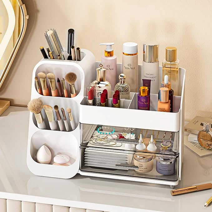 Makeup Organizer with Drawers,Large Capacity Countertop Organizer for Vanity,Bathroom and Bedroom Desk Cosmetics Organizer,Easy To Storage Skincare,Brushes,Lotions,Lipstick (White)