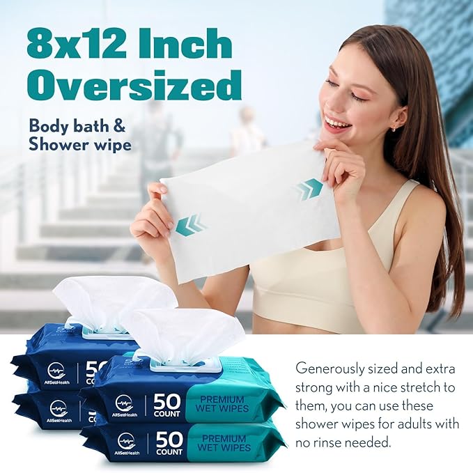 Body Wipes for Adults Bathing No Rinse - Adult Wipes for Elderly 8" x 12" (200 count) Shower No Rinse, Incontinence Disposable Washcloths, Aloe Vera, Vitamin E + 4 individual Packs